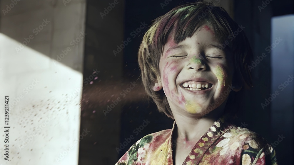 A young child with short, messy hair, smiling with eyes closed while covered in vibrant Holi colors. A young child with short, messy hair, smiling with eyes closed while covered in vibrant Holi colors.