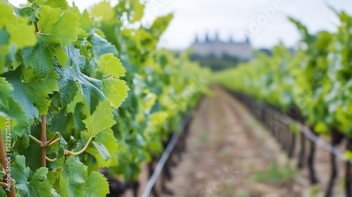 Vineyard rows, chateau backdrop, sunny day, French countryside, wine production.