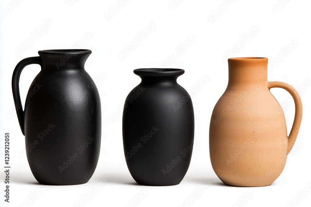 Three Textured Ceramic Vases in Black and Beige on White Backgro Three Textured Ceramic Vases in Black and Beige on White Backgro