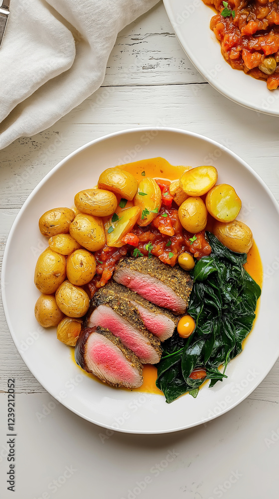 Succulent lamb steak with roasted potatoes, wilted spinach, and tomato chickpea ragout Succulent lamb steak with roasted potatoes, wilted spinach, and tomato chickpea ragout
