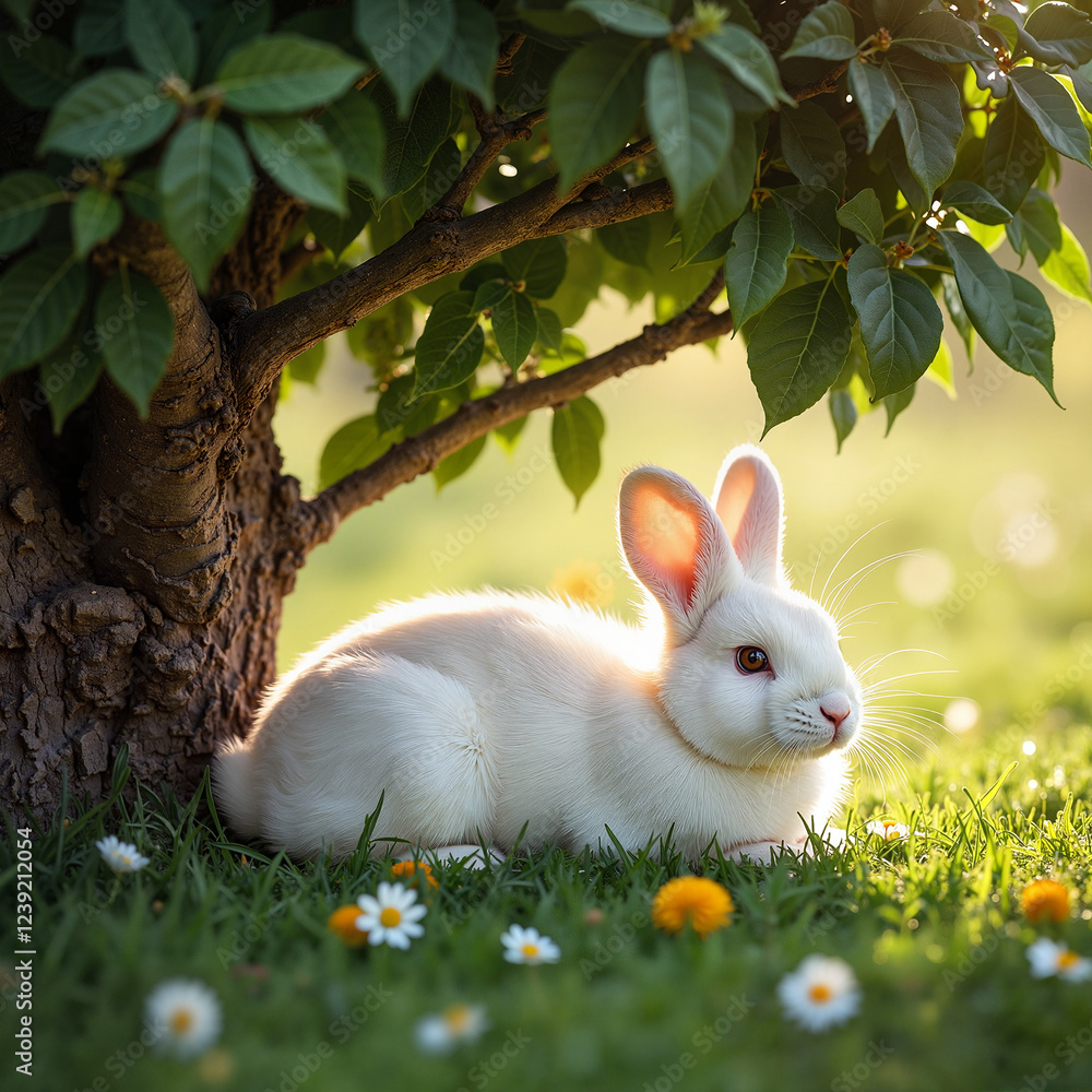 Fototapeta premium Cute white rabbit resting under tree in spring meadow