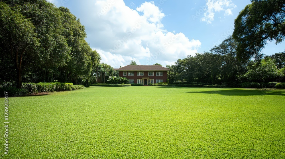 Fototapeta premium Retirement home exterior with colonial-style architecture, well-manicured lawns and a sunny day, serene and welcoming environment