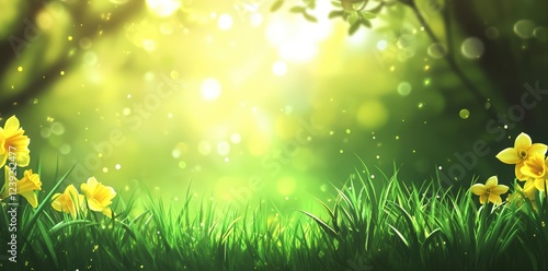 Sunlit daffodils blooming in a green meadow
