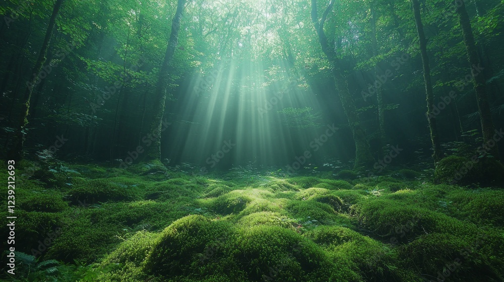 Fototapeta premium Sunlight streams through the canopy of a serene forest, casting ethereal beams over vibrant green moss, creating a tranquil and enchanting atmosphere in nature