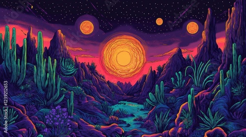 Vibrant Desert Landscape Underneath A Triple Sunset