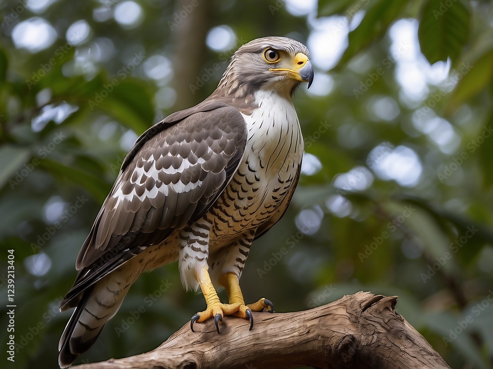 Majestic Hawk Perched in Nature Close-Up with Colorful Feathers and Intense Eyes Majestic Hawk Perched in Nature Close-Up with Colorful Feathers and Intense Eyes