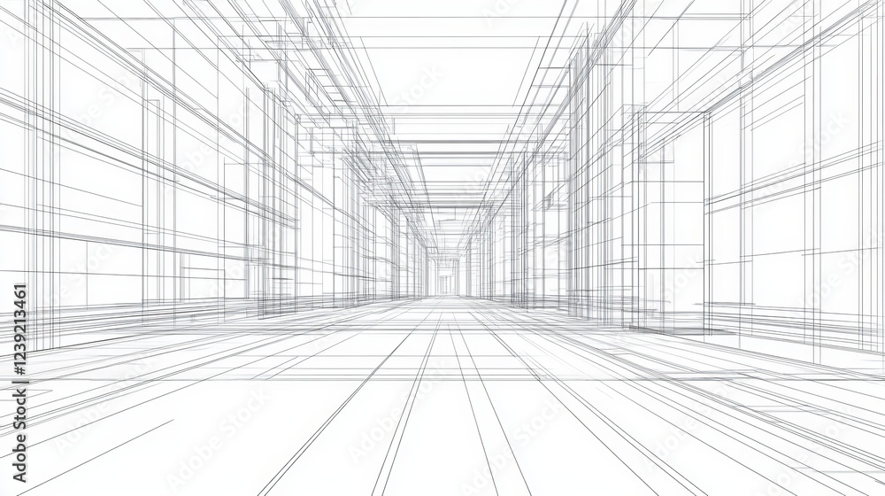 A perspective-based 3D wireframe render of a building, forming a high-tech vector blueprint background A perspective-based 3D wireframe render of a building, forming a high-tech vector blueprint background