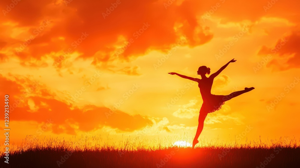 Graceful ballet dancer silhouette at sunset elegance and serenity in nature's warm glow Graceful ballet dancer silhouette at sunset elegance and serenity in nature's warm glow