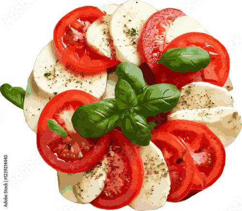 Caprese salad is a classic Italian dish made with fresh tomatoes, mozzarella cheese and basil leaves, seasoned with olive oil, salt and black pepper, often served as an appetizer or side dish.