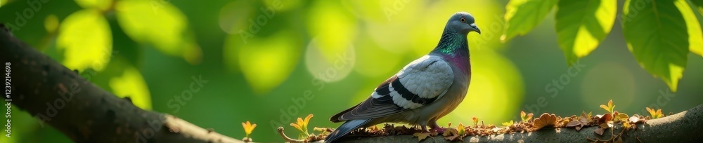 Fototapeta premium Pigeon nestled in leafy branches, sunlight dappled feathers, feather, green