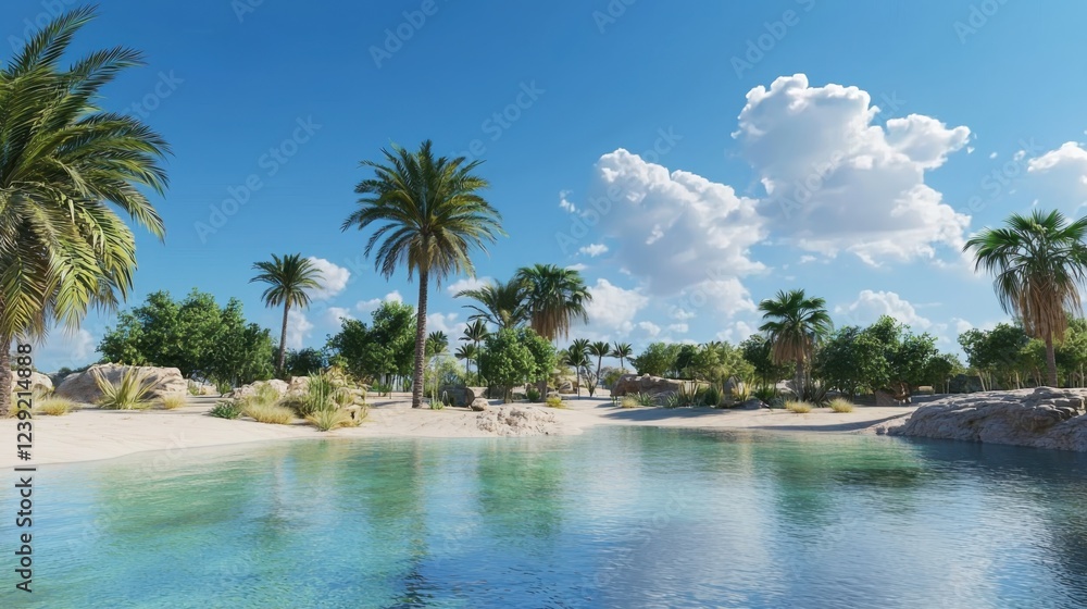 Tranquil scene of a desert oasis palm trees and crystal-clear pond under a bright blue sky nature landscape serene environment Tranquil scene of a desert oasis palm trees and crystal-clear pond under a bright blue sky nature landscape serene environment