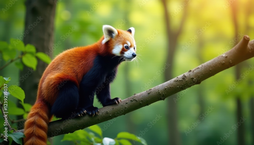 Fototapeta premium Red panda perched on a sun-drenched branch, lush forest background, sunny, photography