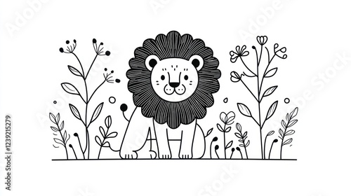 Cute lion in floral meadow, nature illustration, kids' book photo