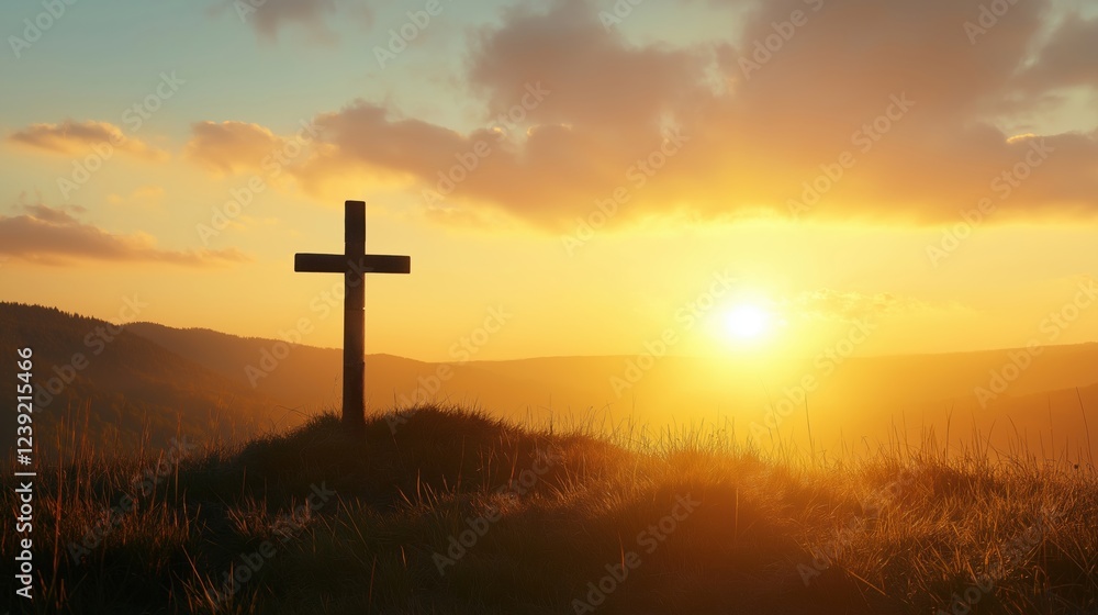 Cross on a hill at sunrise, symbol of Easter resurrection Cross on a hill at sunrise, symbol of Easter resurrection