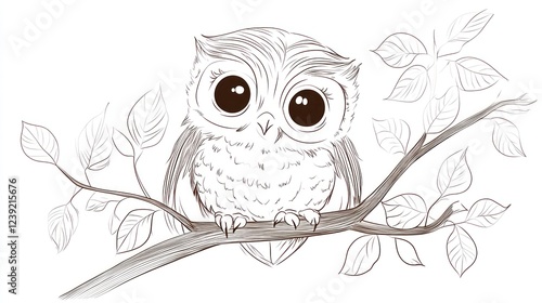 Cute owl perched on branch, leaves background, children's book illustration photo