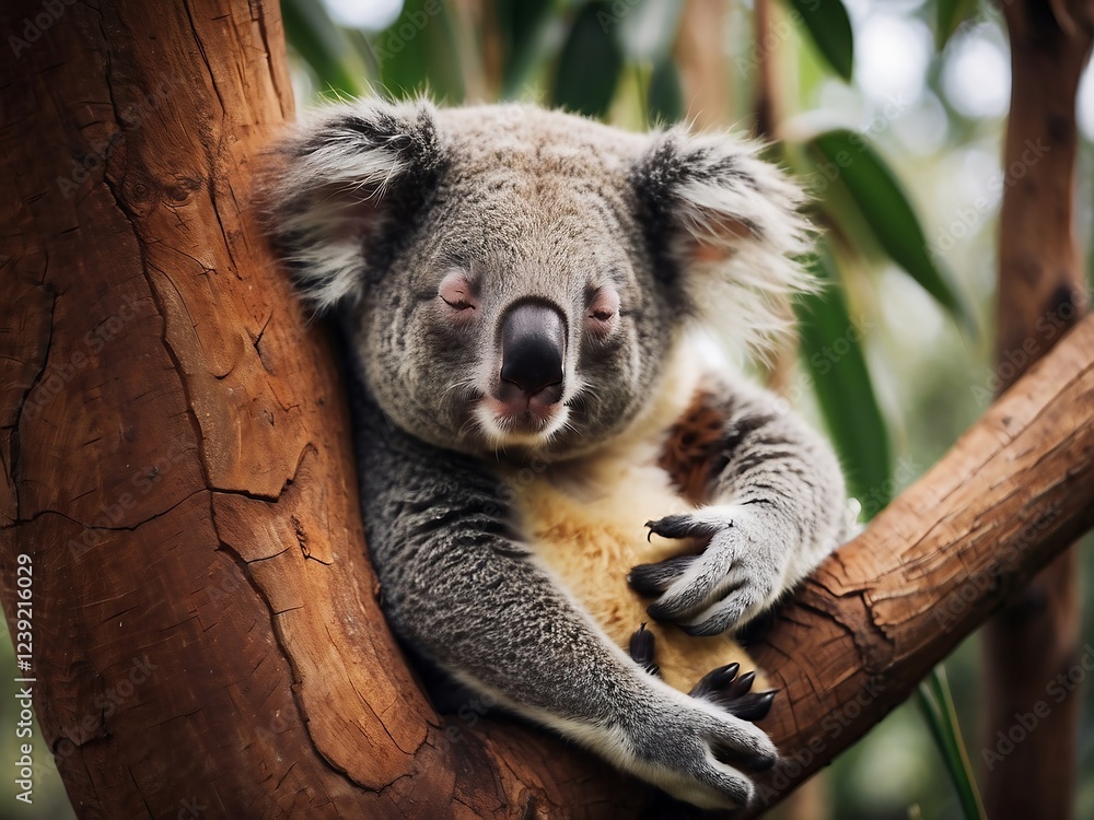 Naklejka premium Adorable Sleeping Koala in Eucalyptus Tree Natural Habitat Australia Wildlife Photography
