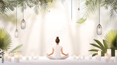 Serene Meditation: Woman Finding Inner Peace - A woman meditates amidst candles and tropical plants, symbolizing tranquility, mindfulness, inner peace, spiritual growth, and well-being. photo