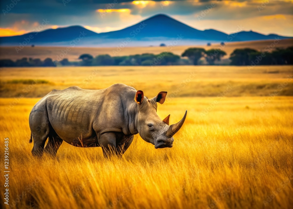 Obraz premium Solitary Rhino Grazing in African Savanna: Wildlife Stock Photo