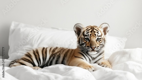 Cute tiger cub resting on bed, white bedding, calm background, pet animal photo