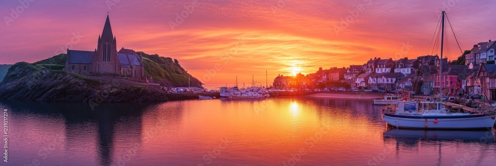 Fototapeta premium Panoramic Sunrise Over Ilfracombe Harbor in Devon, England: A Beautiful Boat-filled Scene with Charming Churches