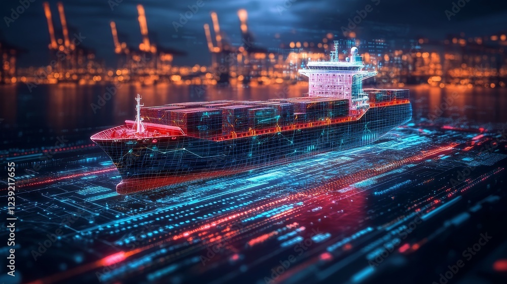 Digital cargo ship navigating through a high-tech port at night with vibrant lights illuminating the scene Digital cargo ship navigating through a high-tech port at night with vibrant lights illuminating the scene