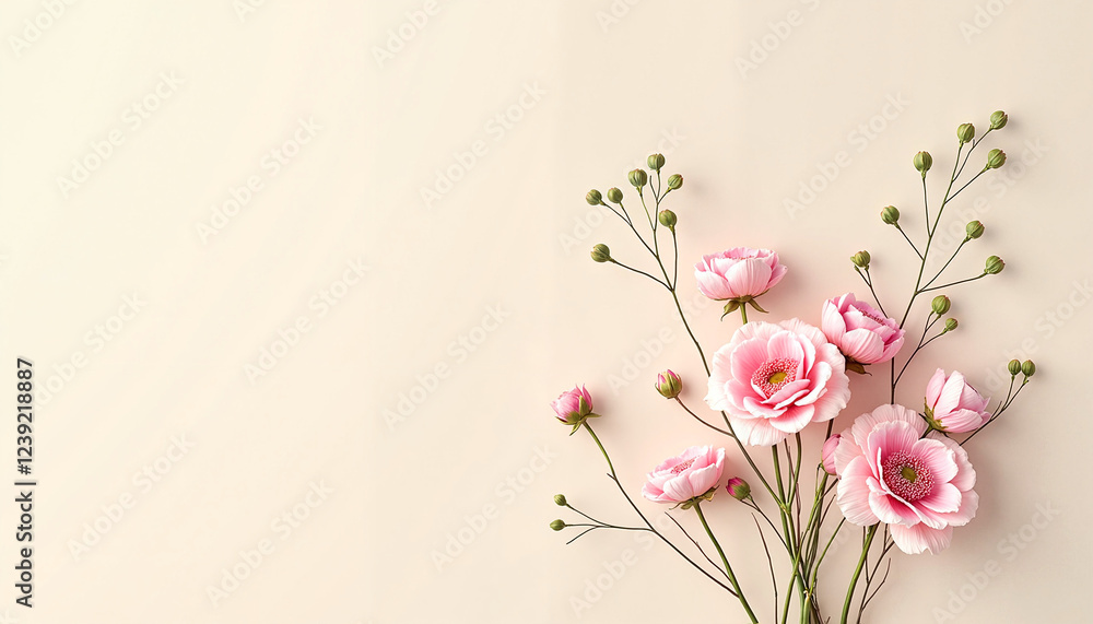 Naklejka premium Pink flowers with delicate branches on beige background