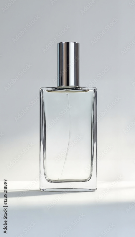 Elegant perfume bottle with silver cap displayed on a clean background for fragrance concept Elegant perfume bottle with silver cap displayed on a clean background for fragrance concept