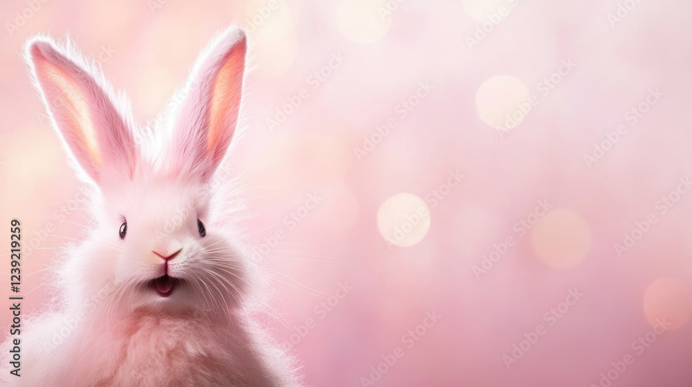 Fototapeta premium Smiling pink rabbit stands out against a soft pink background