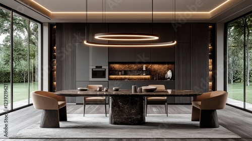 Wallpaper Mural A stunning modern dining area features a round marble table surrounded by stylish chairs, illuminated by a unique pendant light Torontodigital.ca