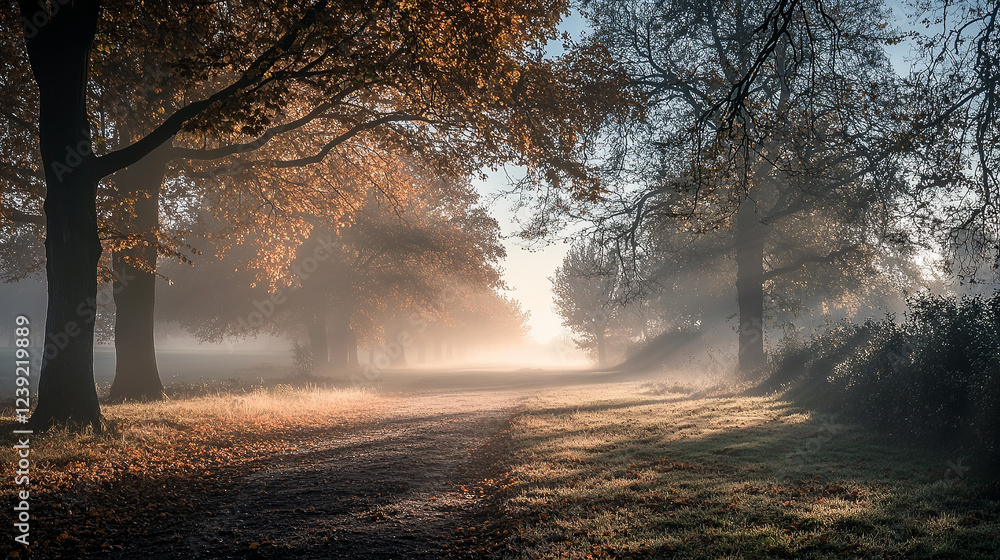 Fototapeta premium A serene autumn landscape featuring two misty trees in a foggy meadow, with soft pastel tones and a textured vintage atmosphere
