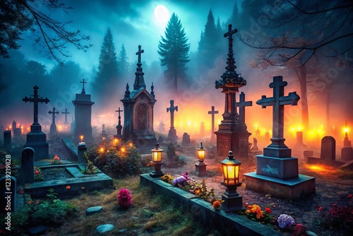 Spooky Halloween Cemetery: Tombstones, Crosses & Foggy Night PNG
