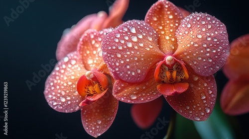 Close-up of pink and orange orchid flowers with dewdrops (Alternate view)