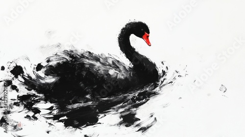 Fototapeta Naklejka Na Ścianę i Meble -  Elegant black swan swimming, white background, artistic painting, decor