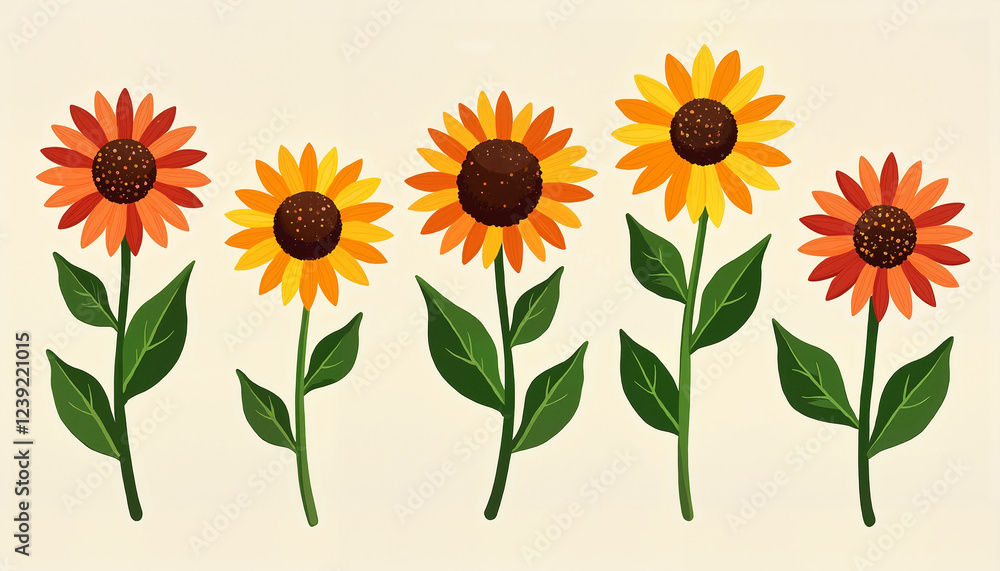 Naklejka premium Colorful sunflowers in flat design style on beige background
