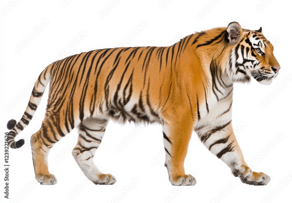 Obraz premium Majestic Tiger Walking Gracefully on White Background