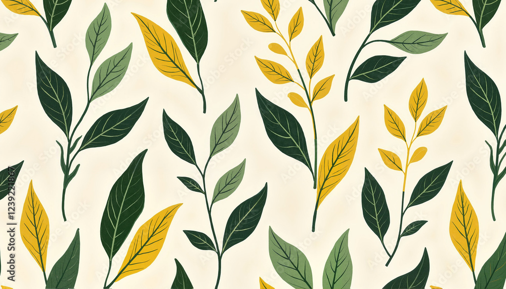 Elegant leaf pattern in green and yellow on cream background Elegant leaf pattern in green and yellow on cream background