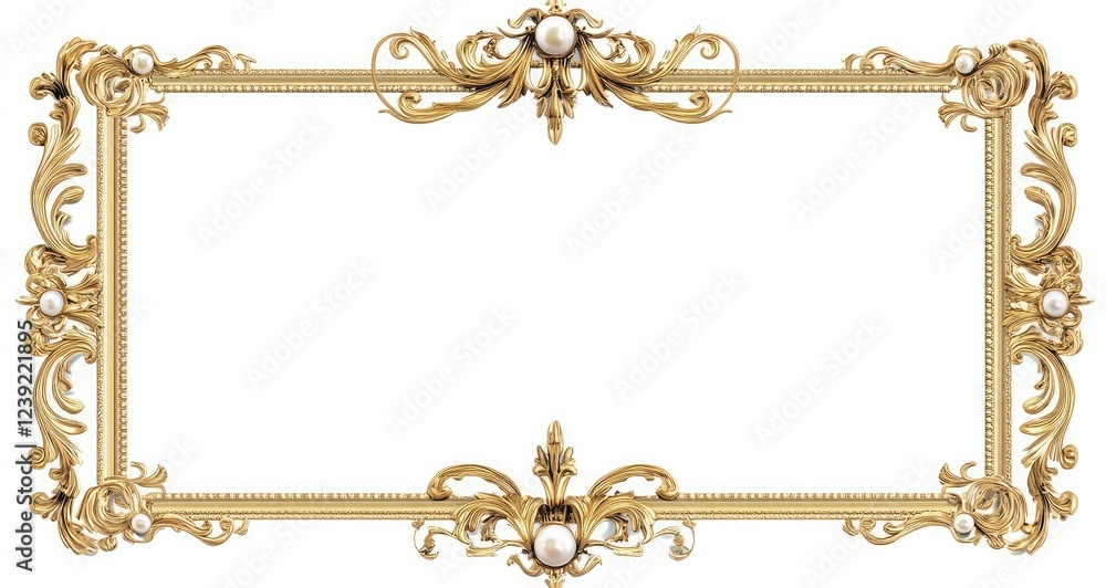 The frame is a gold, baroque-design rectangular horizontal border with pearls on a white background, providing ample copy space The frame is a gold, baroque-design rectangular horizontal border with pearls on a white background, providing ample copy space