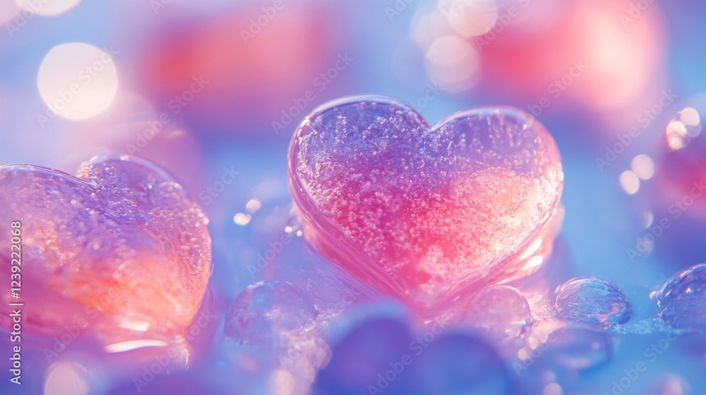 Pink and Blue Crystal Hearts on Ice Romantic Background Pink and Blue Crystal Hearts on Ice Romantic Background
