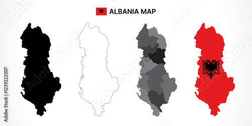 Detailed Albania Map Collection with Outline, Silhouette, Administrative Divisions, and Flag Overlay Variations