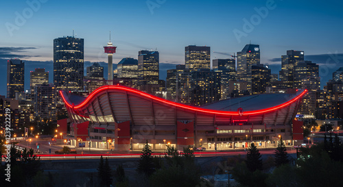 Calgary Skyline at Dusk: Saddledome Glows Red Against City Lights photo