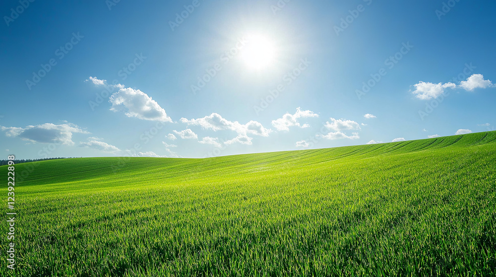 A wide view of a lush green field under a clear sky, with rows of crops growing in neat lines and the sun shining brightly A wide view of a lush green field under a clear sky, with rows of crops growing in neat lines and the sun shining brightly