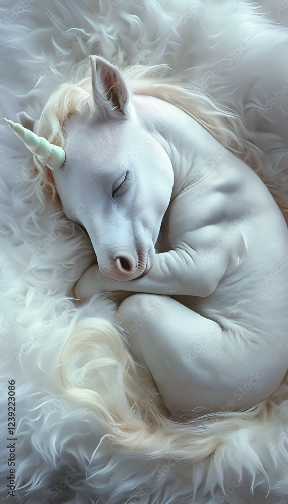 cutest white Unicorn baby sleeping on fur cover. Digital artwork. Ai generated