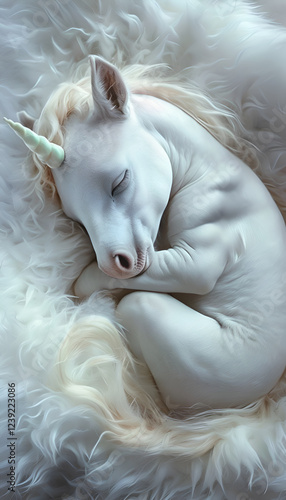 Obraz na płótnie cutest white Unicorn baby sleeping on fur cover. Digital artwork. Ai generated w salonie