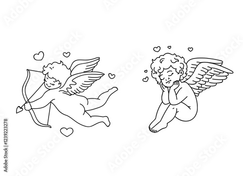 Vector Illustration of  two Cartoon Character for Valentines Day. Character amour cupid valentines day.Cartoon angel shoots hearts from a bow