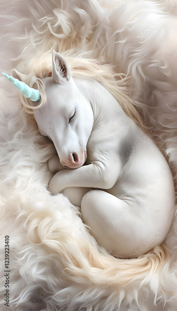 cutest white Unicorn baby sleeping on fur cover. Digital artwork. Ai generated