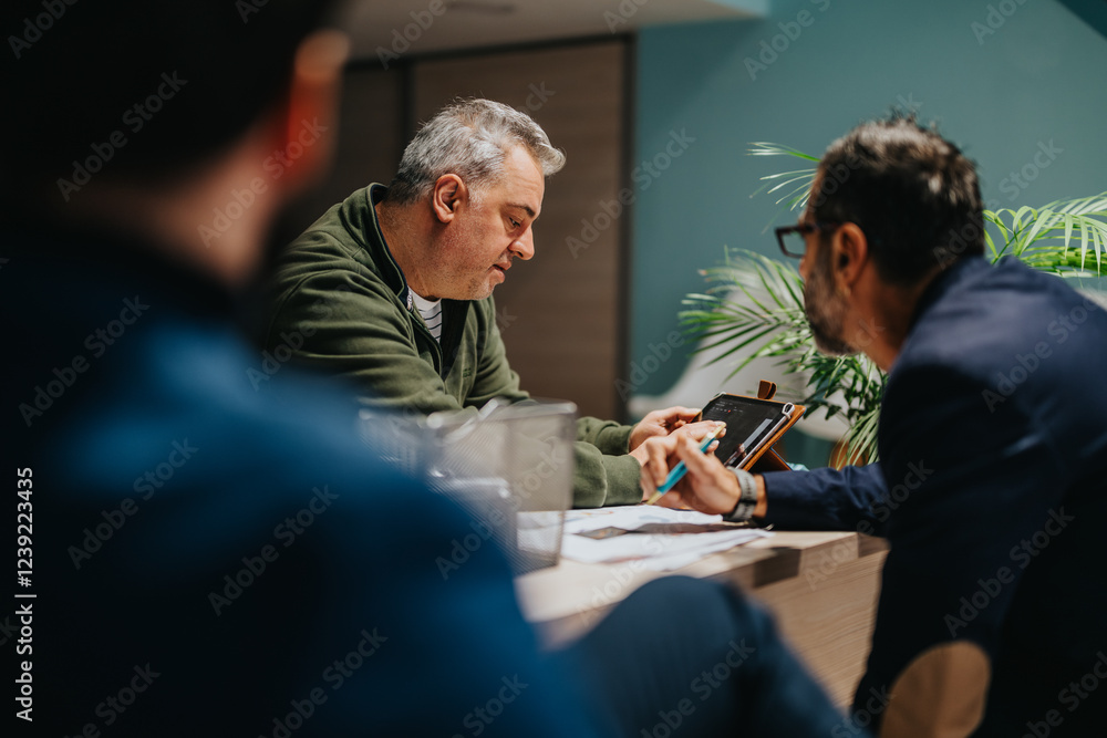 Obraz premium Business colleagues actively discussing and brainstorming together while working on a digital tablet.