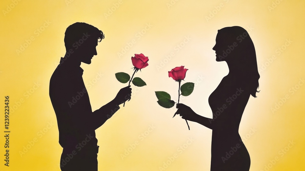 Silhouetted Couple Holding Red Roses Against a Warm Yellow Background Silhouetted Couple Holding Red Roses Against a Warm Yellow Background