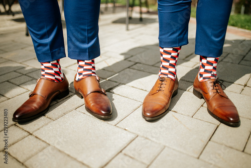 Stylish Brown Leather Shoes with Bold Geometric Socks