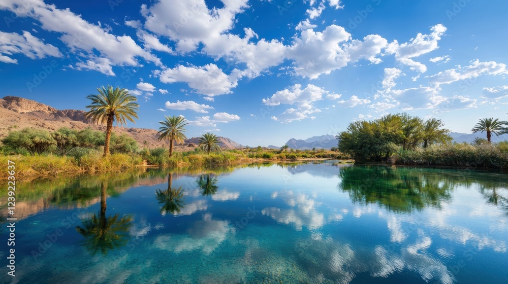 Obraz premium Discovering tranquility serene desert oasis with palm trees and clear pond nature landscape under bright blue sky