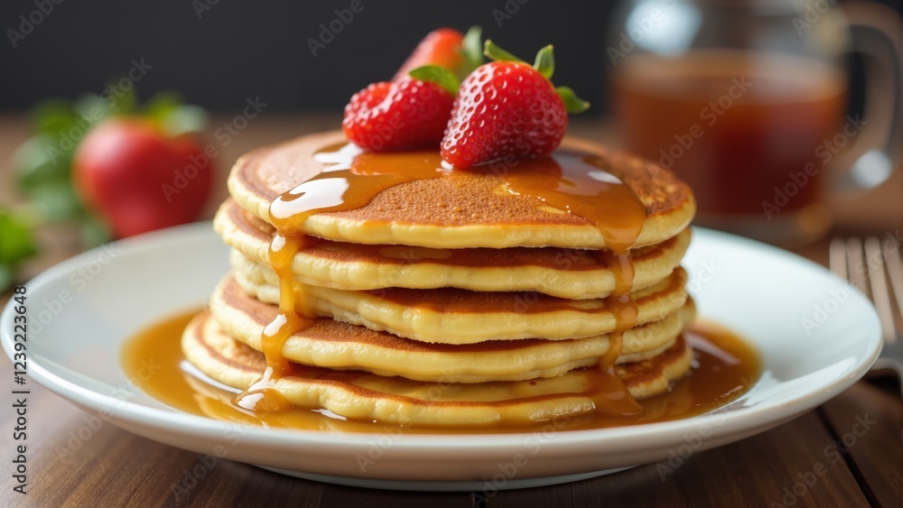 Fluffy pancakes stacked high with fresh berries and syrup at a cozy breakfast spot Fluffy pancakes stacked high with fresh berries and syrup at a cozy breakfast spot